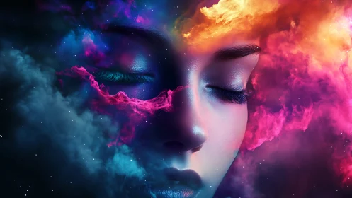 Dreaming cosmos portrait in swirling neon nebulae.
