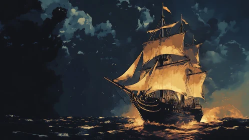 Tall ship cuts stormy sea under molten gold sails.