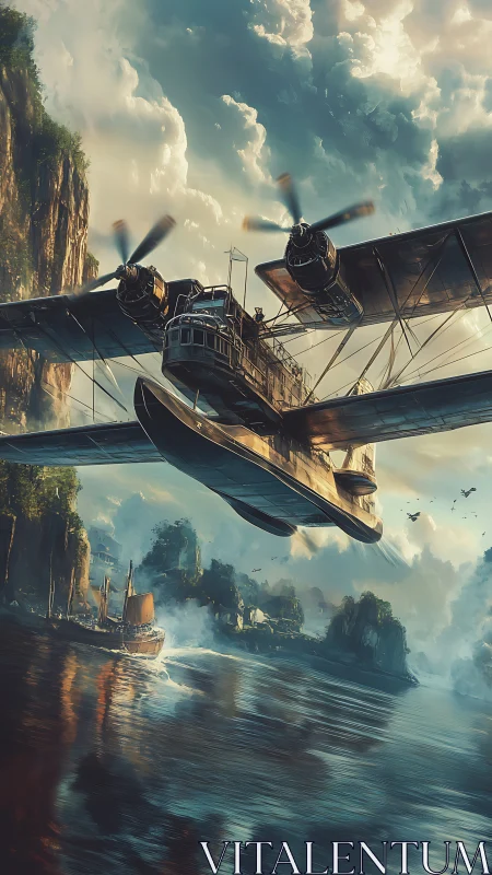 Stormlit Expedition Seaplane Skimming Through Copper Clouds.