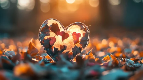 Translucent heart-shaped form with autumn leaves inside.