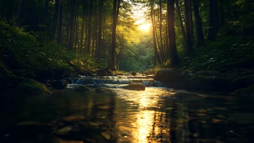 Golden Sunlight Through Forest Stream Canopy