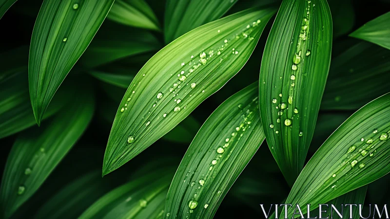 Green leaves hold fresh water droplets in soft natural light