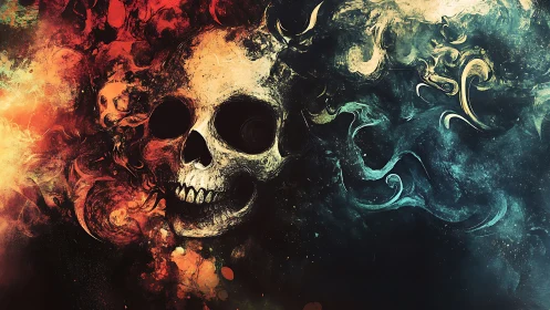 Skull emerging through fiery and teal cosmic smoke swirl.