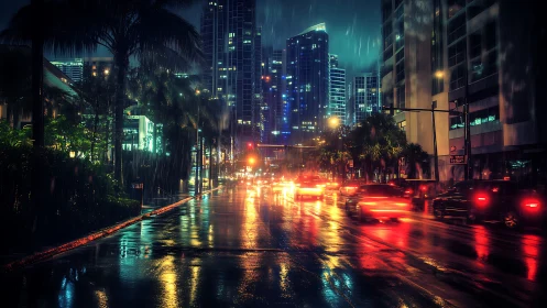 Rainy city street with traffic and neon reflections at night.