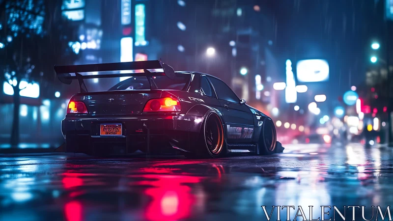 Widebody tuner car idles in neon-soaked rainy night street scene