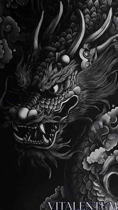 Monochrome dragon profile with carved smoke and scales.