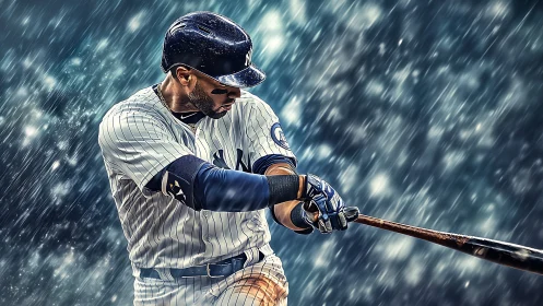 Power hitter swings through rain in dramatic stylized portrait.