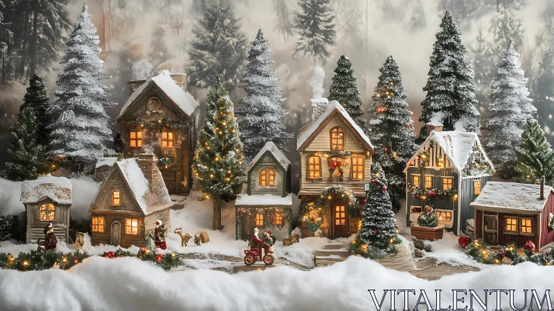 Miniature winter village tableau with illuminated dwellings.
