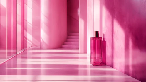 Pink glass perfume bottle in minimalist corridor scene.