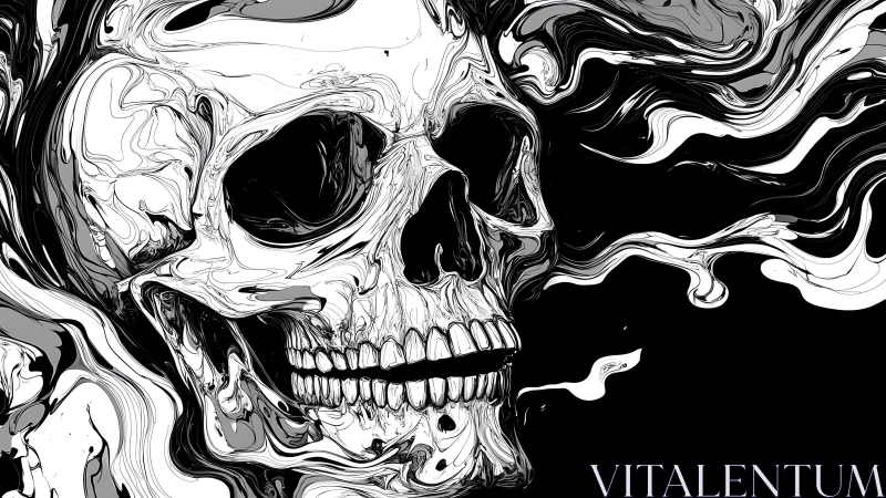 Skull rendered in high-contrast fluid black and white linework