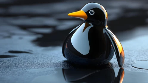 Glossy Cartoon Penguin Figurine on Wet Surface, 3D Digital Art.