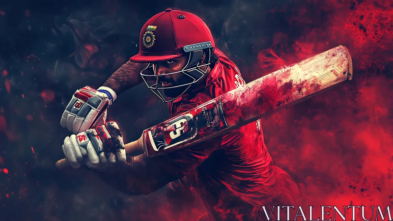 Cricket batsman powers swing through crimson smoke storm.