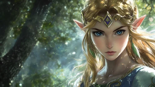 Forestborn elf princess faces dappled dawn with fierce calm.
