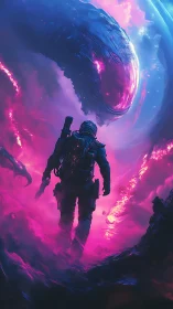 Armored astronaut confronting colossal neon cosmic entity
