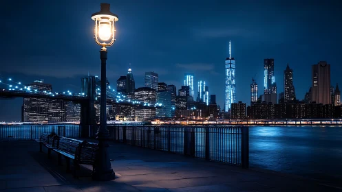 Lone riverside lamppost quietly crowns a neon city dream