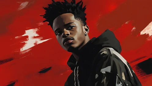 Digital portrait of a young man in hoodie on red field.