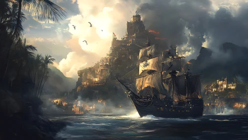 Pirate Ship Arrival at Fantasy Fortress Port