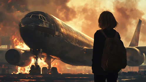 Child silhouette facing burning passenger jet on tarmac.