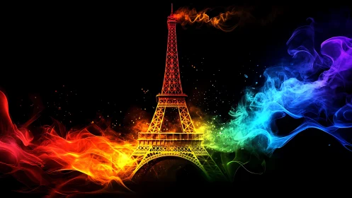 Eiffel Tower outlined in multicolor flame effects on black.