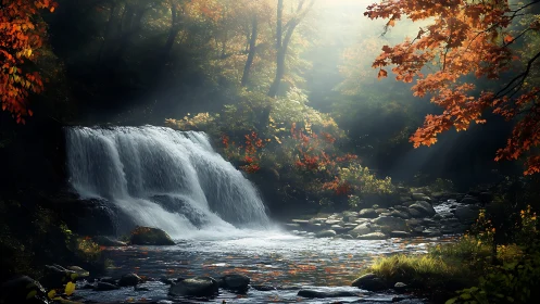 Autumn waterfall stream under diffused forest backlight.