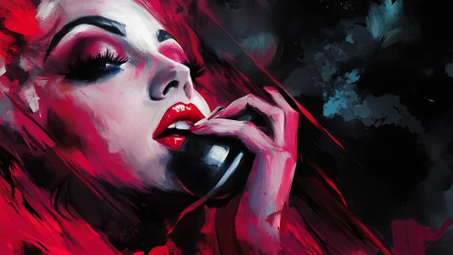 Woman with red lips holding black sphere in darkness.