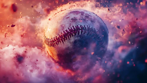 Exploding weathered baseball in vivid cosmic dust field.