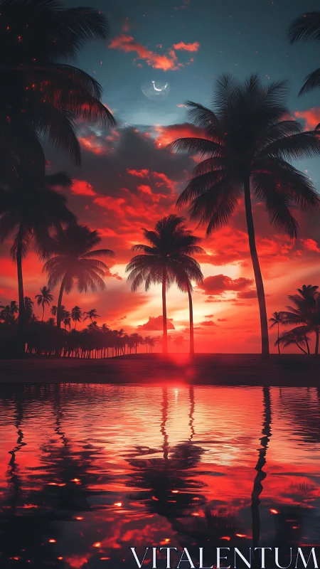 Spectral tropical shoreline under bicolor dusk sky reflection.