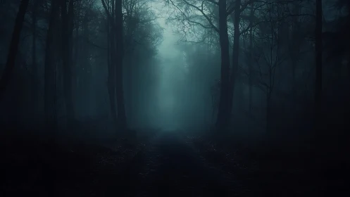 Moonless path slips into blue mist of a haunted forest.