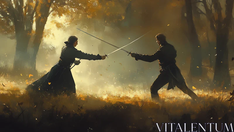 Autumn forest duel where two resolute swords clash gently.