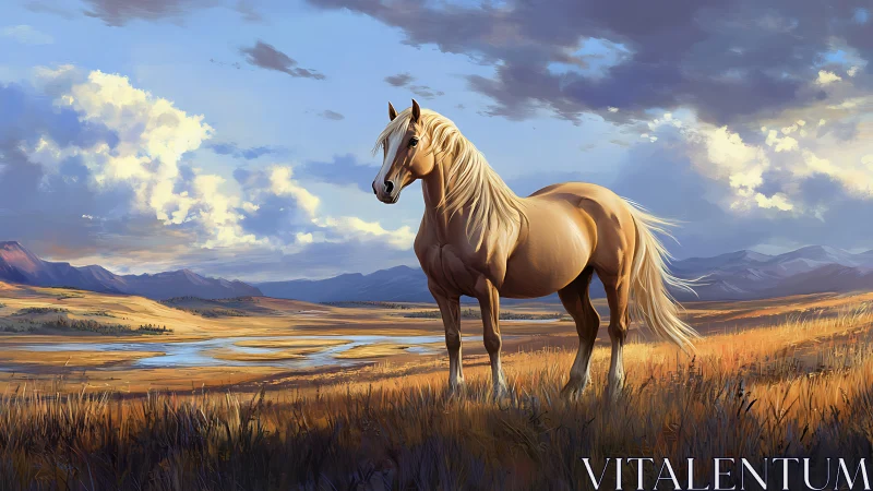 Digital painting of a golden horse in expansive prairie light.