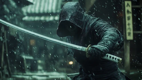 Snow-drenched hooded warrior holds a poised katana stance
