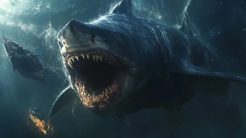 Massive digital shark lunges forward with jaws agape.