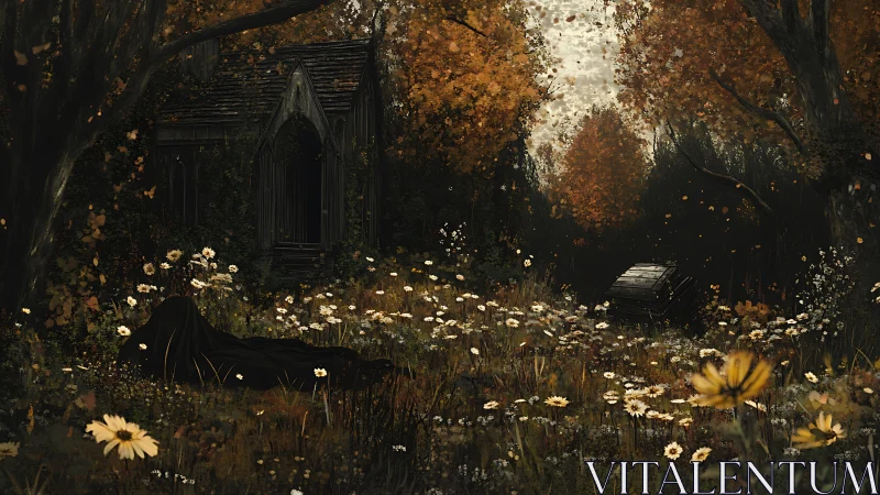 Shrouded figure lies in autumn field near decayed chapel