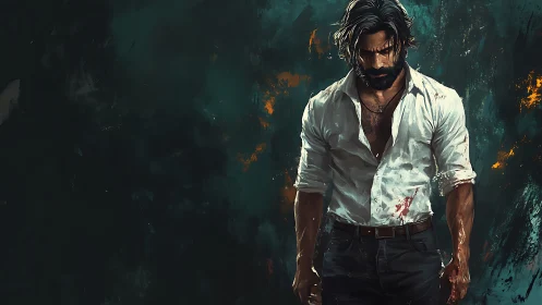 Digital painting of brooding man in bloodstained white shirt.