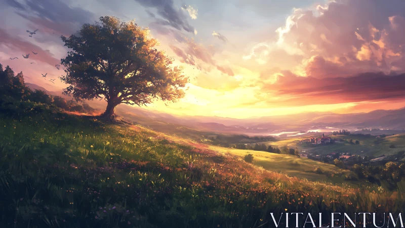 Lone hillside tree under radiant cinematic sunset sky.