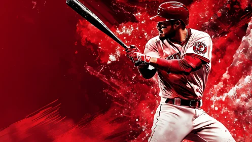 Electric red baseball slugger ready to launch a rocket swing.