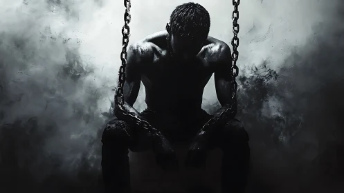 Silhouetted chained figure in high-contrast monochrome lighting