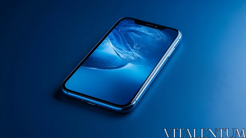 Premium smartphone with liquid blue dynamic wallpaper on isolated gradient background