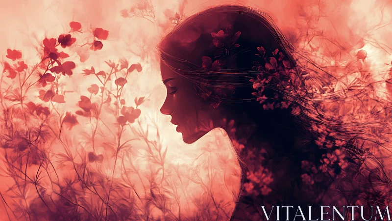 Silhouetted female profile merged with red floral overgrowth