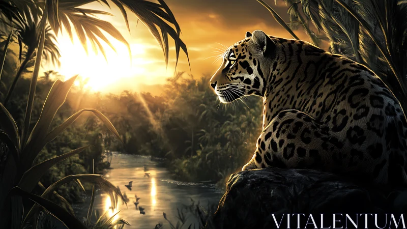 Jaguar at Jungle River at Sunrise.