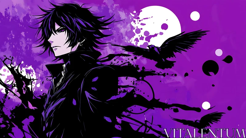 Dark anime hero stands amid violet moonlit ravens