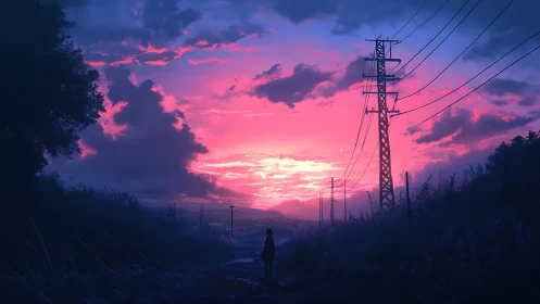 Backlit power lines frame a magenta dusk sky over rural path