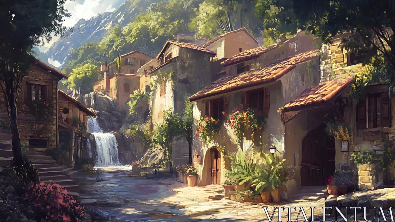 Sunlit hillside village cradling a laughing waterfall lane.