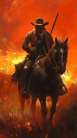 Lone gunslinger rides through blazing frontier inferno.