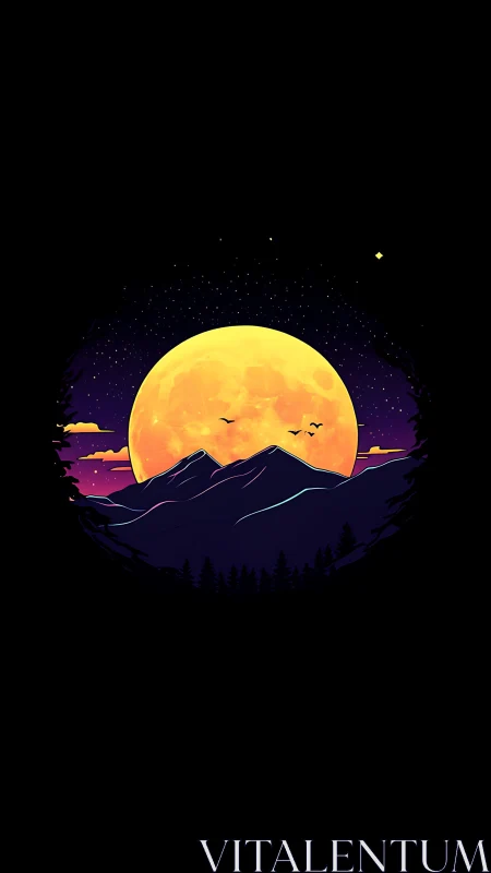 Moonlit mountain silhouette under star-dotted night sky.