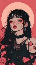 Female character portrait framed by roses and circular halo