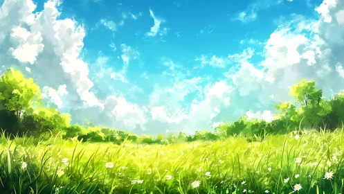 Sunlit wildflower meadow under expansive summer sky.