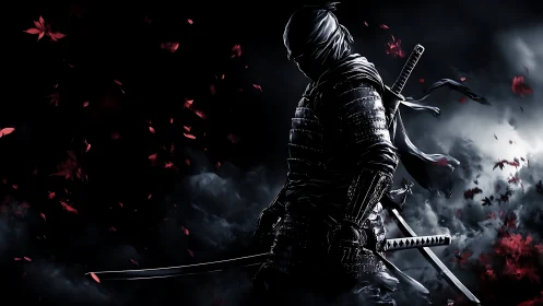 Armored ninja silhouette with dual katanas in storm of red leaves