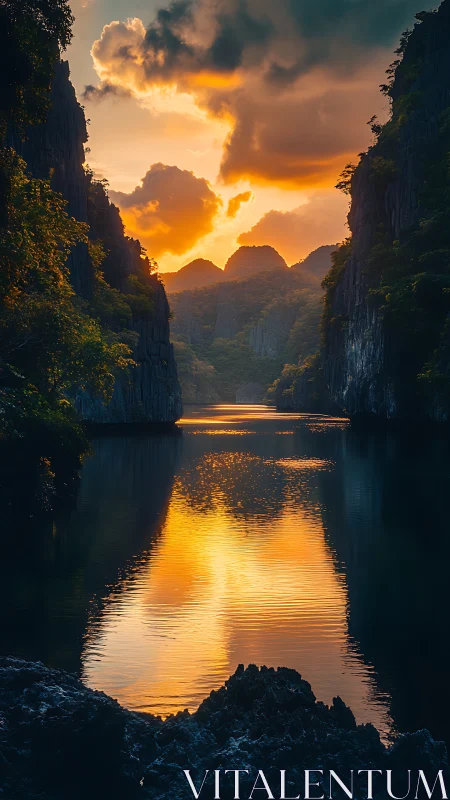 Golden sunset river winding gently between quiet cliffs.
