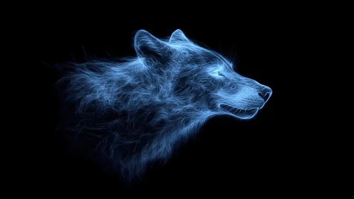 Electric blue wolf head digital art on black background, glowing lines.
